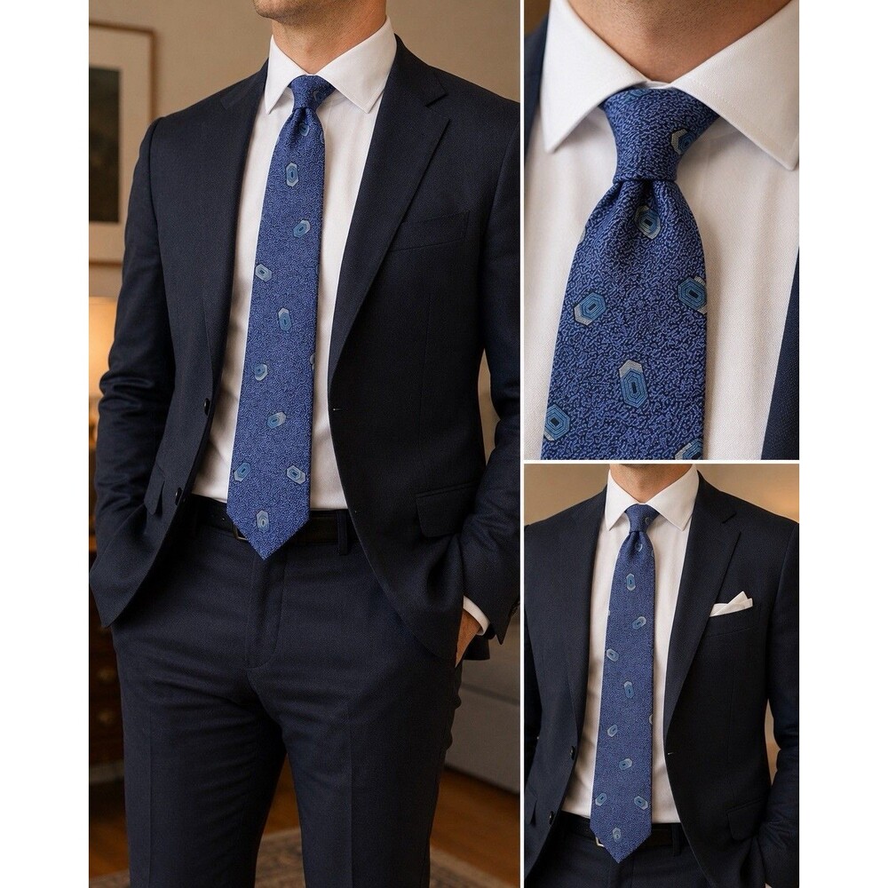 Oscar de la Renta Couture Geometric Silk Tie Blue Gray Abstract Necktie 56”